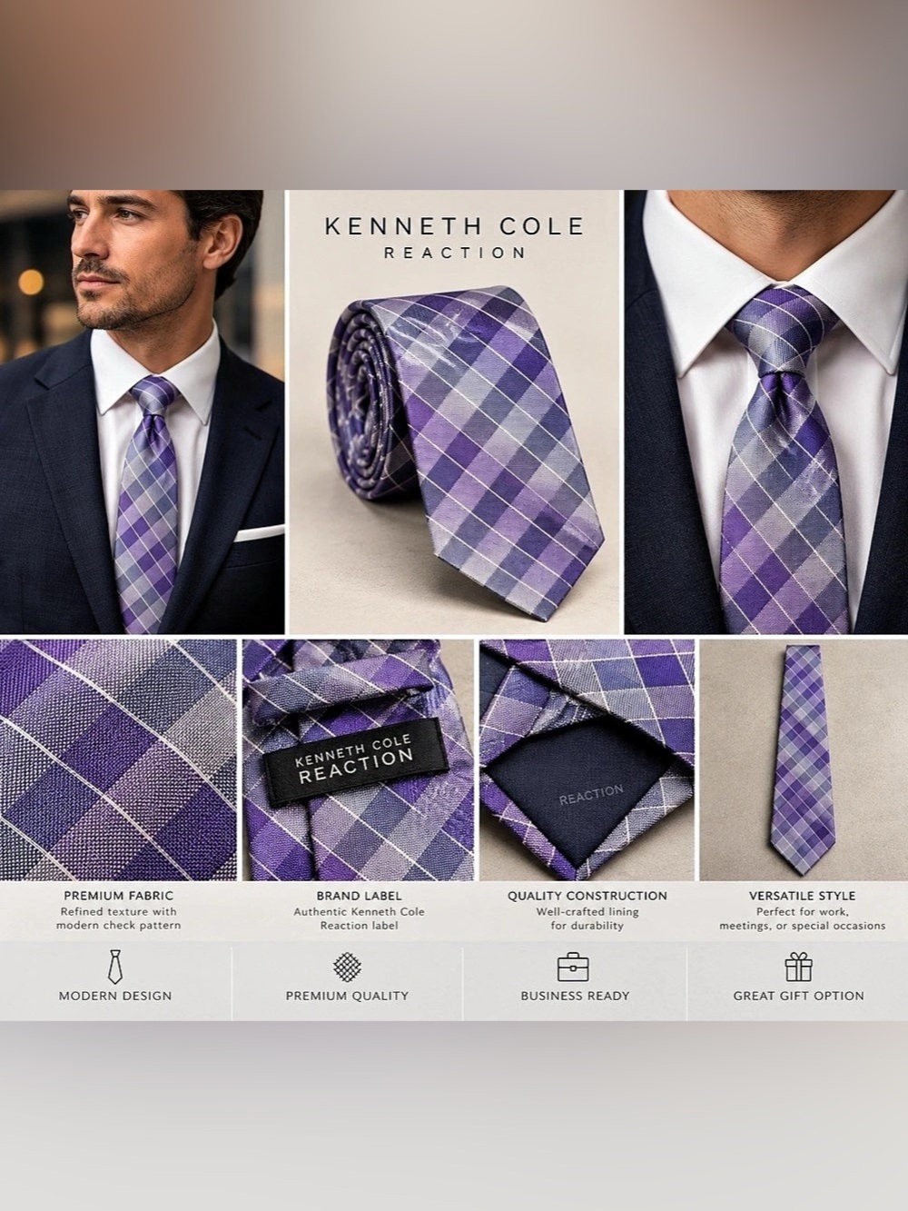 Kenneth Cole Reaction M69A41534530 Plaid Tie in Purple & White NWT